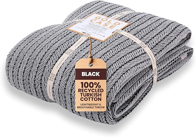 Gold Case Throw Blanket for Bed - 100% Recycled Turkish Cotton Blanket - Vintage Lightweight Soft Throw Blankets for Bed & Living Room - Queen Size Cozy Blankets - 90x90 - Black