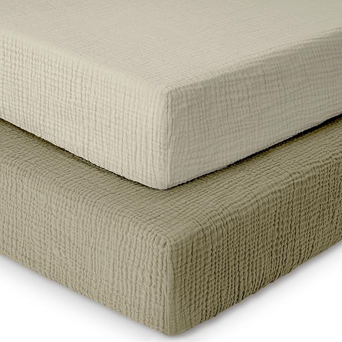 Dreamology Cotton Mini Crib Sheets,Muslin Crib Sheet,2 Pack,100% Cotton Crib Sheets,Soft,Breathable,Baby Crib Sheets,Girls,Boys,24x38 Mini Crib Sheets | Olive and Ecru