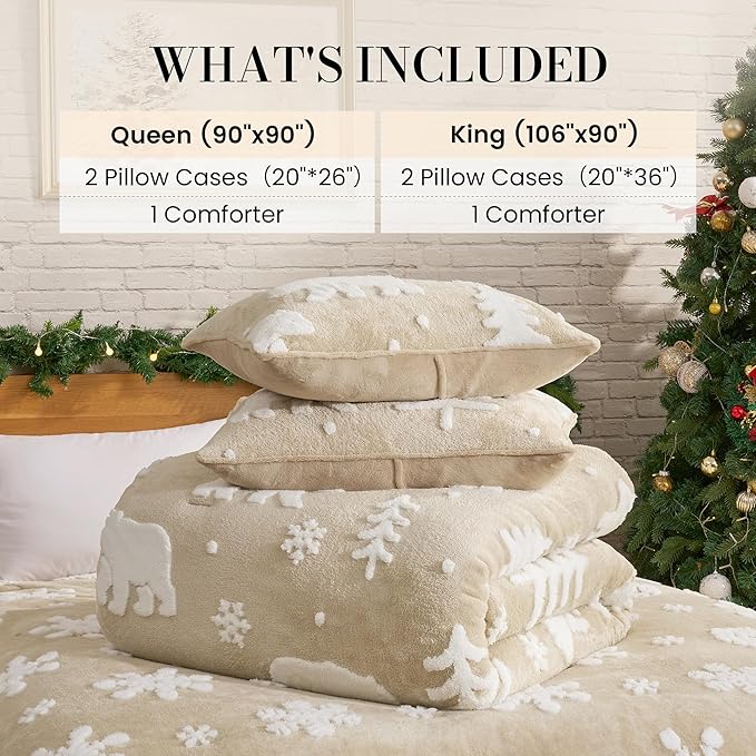 Amélie Home Christmas Comforter Set Queen, Fluffy Christmas Bedding Set with Polar Bear, Beige Fleece Plush Comforter for Winter, 3 Pieces, 1 Soft Comforter and 2 Pillowcases