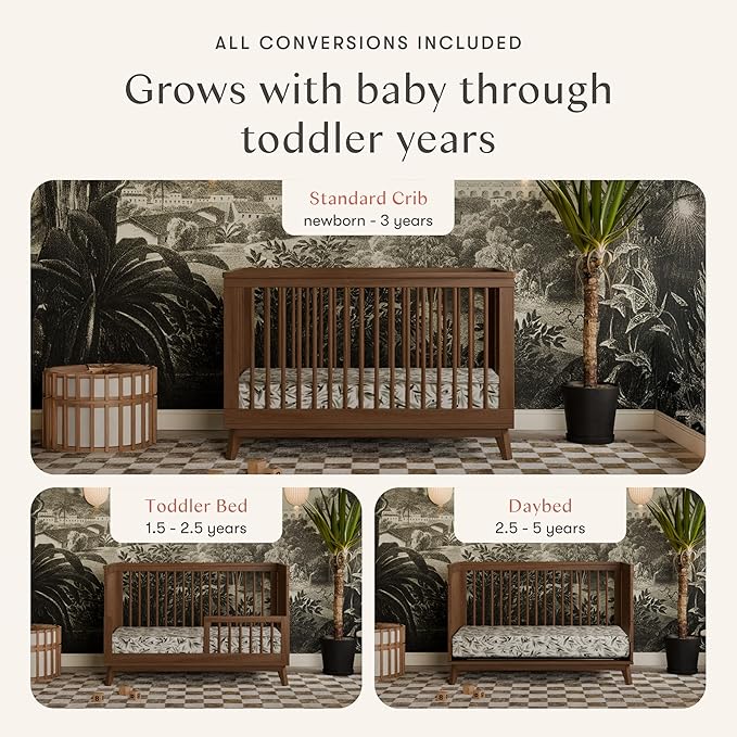 Babyletto Scoot 3-in-1 Baby Crib Convertible to Wooden Toddler Bed, Daybed - GREENGUARD Gold Certified - Easy Assembly, Made of 100% Solid Wood - Includes Toddler Conversion Kit - Walnut