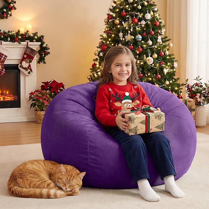 Nobildonna 3 ft Bean Bag Chair Cover (No Filler) 35"×43" Large Stuffed Animal Storage Bean Bag Washable Big Beanbag Chair Cover Premium Corduroy Bean Bag Cover for Adults,Kids,Purple 300L
