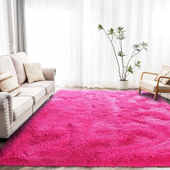 Fluffy Area Rug for Living Room 8x10 Feet, Hot Pink Shaggy Rugs for Bedroom 8x10 Area Rugs Non Slip Clearance