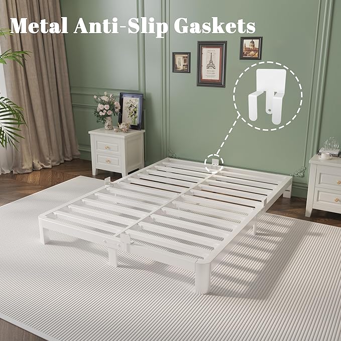 King Size Bed Frame 4 Inch White, Metal King Bed Frame with Baffles, No Box Spring Needed, Heavy Duty Steel Platform Support, Rounded Corner Legs, Noise Free, Easy Assembly