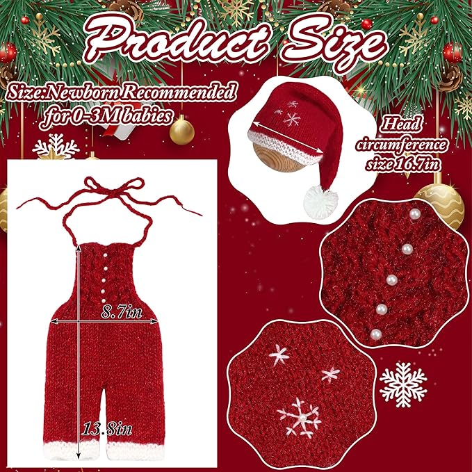 M&G House Christmas Newborn Photography Props Crochet Santa Claus Red Romper Hat Baby Photo Outfits Handmade Knitted Newborn Costume Photoshoot Props Christmas Gift