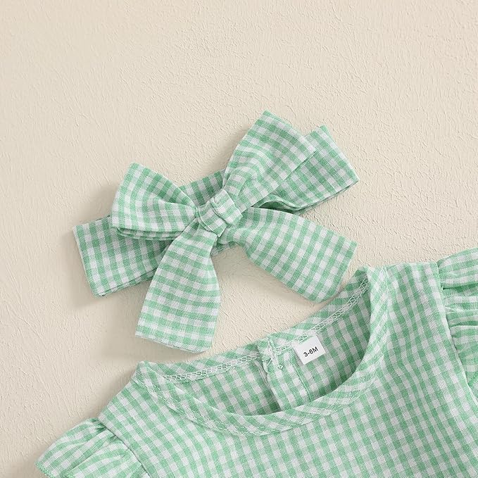 Karuedoo Newborn Baby Girl Clothes Gingham Plaid Bubble Romper Long Sleeve Ruffle Bodysuit with Headband Spring Fall Outfit