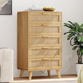 Rovaurx 5 Drawer Dresser for Bedroom, Rattan Chest of Dressers with Charging Station, Modern Dresser Chest with Wooden Handles, Beside Table for Closet, Living Room and Entryway, Natural RDG005M