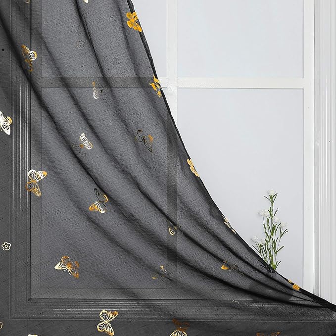 Jubilantex Black and Gold Butterfly Sheer Curtain Panels for Boys Girls Room, Linen Textured Metallic Print Patterned Voile Rod Pocket Curtain Drapes 95 Inch Long for Bedroom, 2 Panels