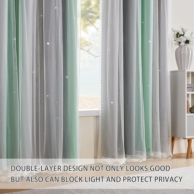 XiDi Green Grey Girls Curtains for Bedroom 96 Inches Long 2 Panels Rainbow Blackout Curtains for Little Girl Kids Room Decor Living Room, Princess Unicorn Wall Decals Drapes 34x96