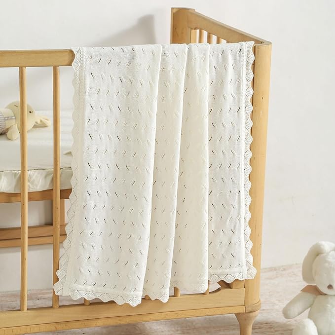Baby Blanket 100% Cotton Knit Swaddle Soft Newborn Receiving Blanket Cozy for Boy/Girl Crib,Stroller White 40x30in