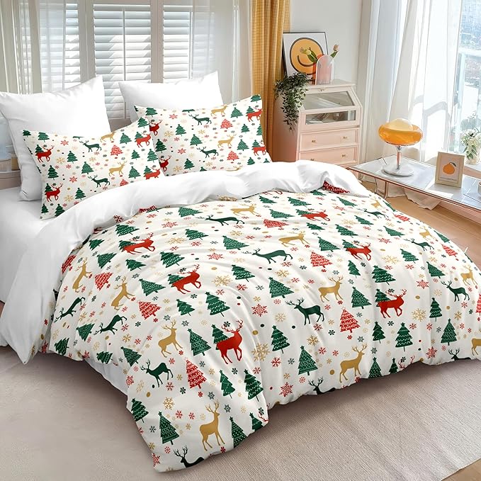 Christmas Duvet Cover Full Size Green Christmas Tree Bedding Set Kids Boys Girls Xmas Deer Pattern Comforter Cover 3 Pieces with Zipper Closure (No Comforter)