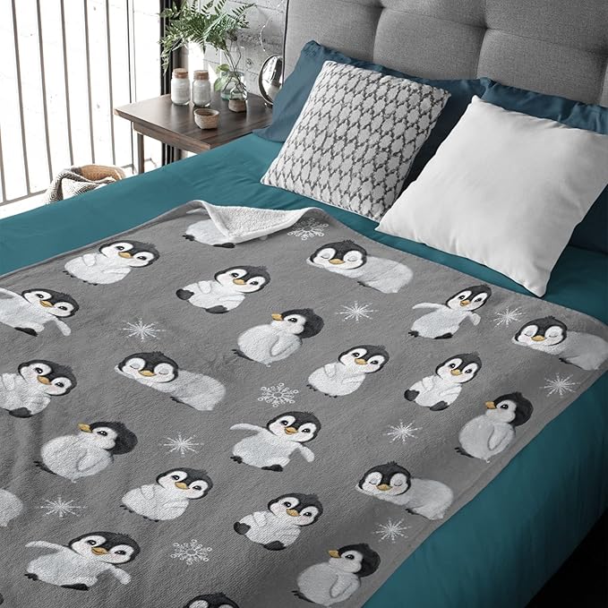 Thuswarm Cute Penguin Grey Flannel Throw Blanket Gifts Warm Cozy Soft Funny Print Blankets for Summer Room Decoration Bed Couch Sofa 80”×60” Large for Adult