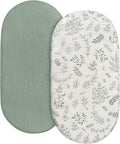 Muslin Bassinet Fitted Sheets, 2 Pack for Baby Boy and Girl, Soft Breathable Stretchy Baby Pad/Mattress Sheet Set, Universal Fit for Hourglass Oval and Rectangle Bassinet Mattress (Bright Leaves)