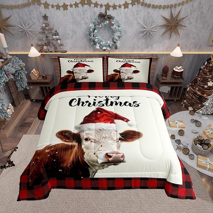 Xmas Cow Cattle Animal Bed Comforter Set Queen Size,Christmas Farmhouse Super Soft Microfiber Bedding Set for Girls Boys,Vintage Cabin Red Plaid Decorative Quilter Set