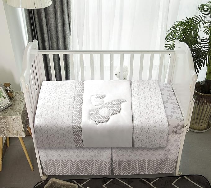 La Premura Baby Crib Bedding Set for Boys, Gray Elephants & Puppy 3 Piece Standard Size Grey Crib Set, Fitted Sheet, Quilt & Skirt, Unisex Nursey Bedding and Neutral Decor