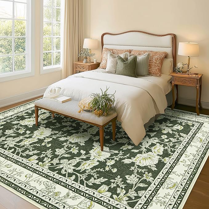 Olive Green Floral Print Area Rugs for Bedroom Living Room Boho Farmhouse Country Rustic Dining Room Carpet Soft Washable Rugs Non Slip Floor Covering for Nursery Playroom 7x9