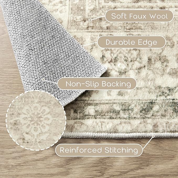 Modern Farmhouse Area Rug 5 x7 Washable Floral Earth Tone Neutral Boho Nursery Rug 5x7 for Baby Boy Bedroom,Tan Brown and Cream Beige
