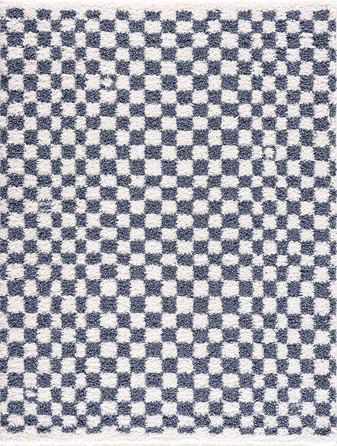 Hauteloom Kieu Contemporary Checkered Fluffy Shag Area Rug - Modern Geometric Soft Carpet Tiles for Living Room, Kids Room, Nursery - Blue, White - 5'3" x 7'