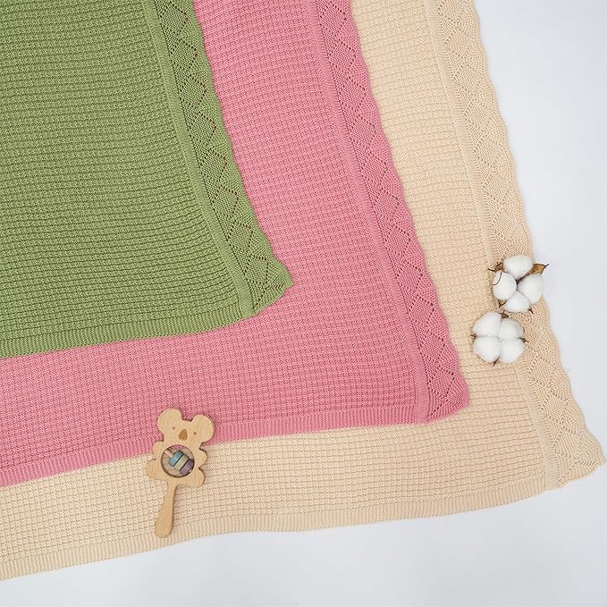 Baby Knit Blanket, 100% Cotton Waffle Patterns, Soft, Cozy, Lightweight Swaddle for Newborn & Infant Swaddling Beige Neutral, Perfect Baby Shower Ideas Green 30x30