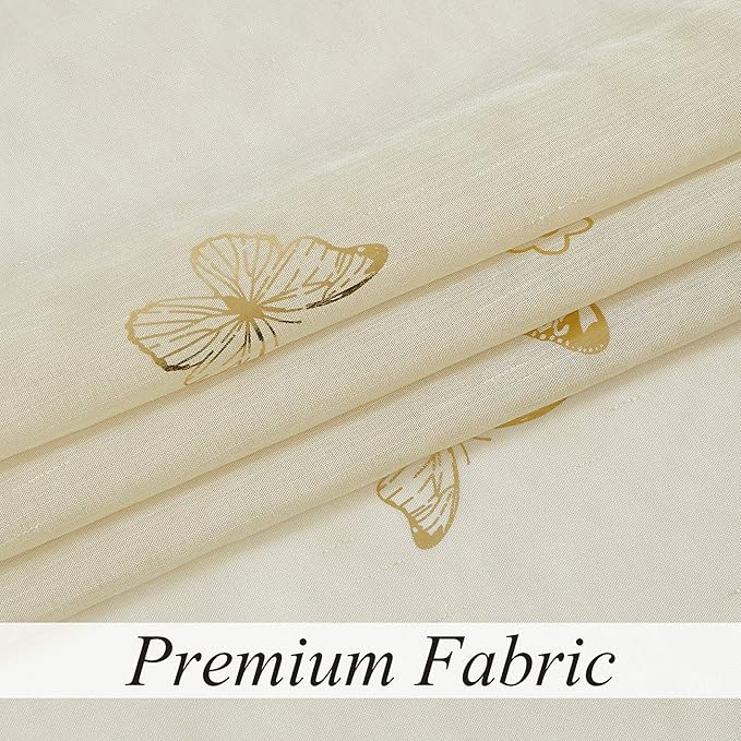 Jubilantex Butterfly Sheer Curtain Panels for Girls Nursery Bedroom, Toddler Gold Print Linen Textured Voile Farmhouse Rod Pocket Window Drapes 84 Inch for Kids Room, 2 Panels, Ivory/Beige