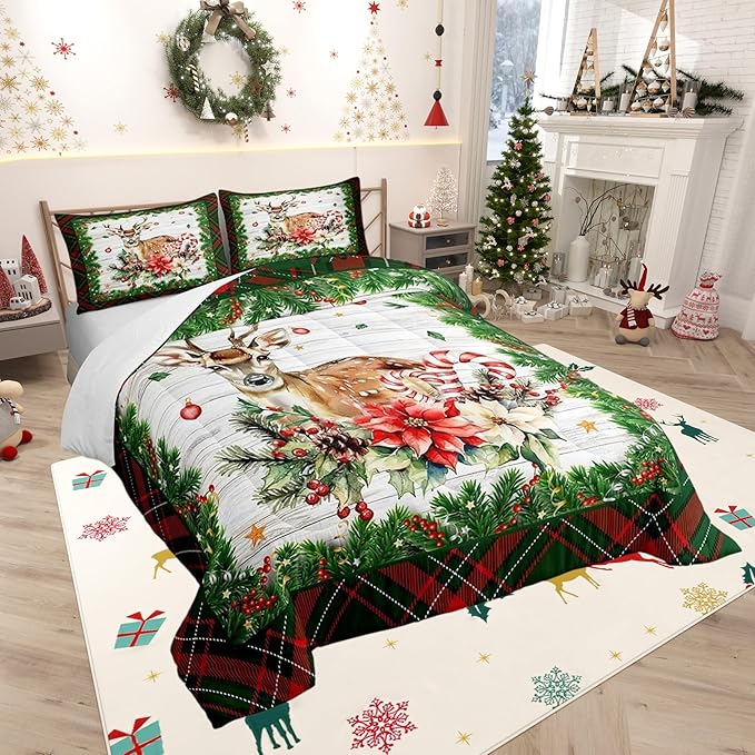 Castle Fairy Merry Christmas 3 Pcs King Size Comforter Set,Red Green Geometric Grid Down Alternative Adults Bedroom Decor,Xmas Deer Elk Farmhouse Ultra Soft Microfiber Inner Fill 3Pcs Bedding
