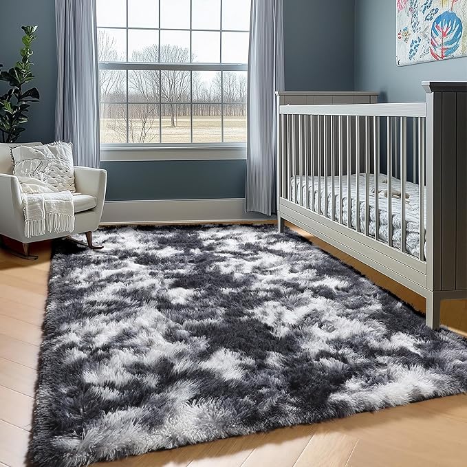 ONASAR 8x10 Area Rugs for Living Room, Black and White Large Fluffy Bedroom Rug, Washable Soft Plush Thick Shaggy Big Floor Carpet for Kids Boy Girls Teen Dorm Nursery Indoor Home Decor Aesthetic