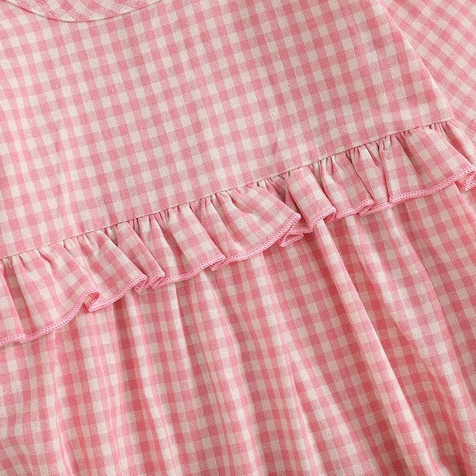 Karuedoo Newborn Baby Girl Clothes Gingham Plaid Bubble Romper Long Sleeve Ruffle Bodysuit with Headband Spring Fall Outfit