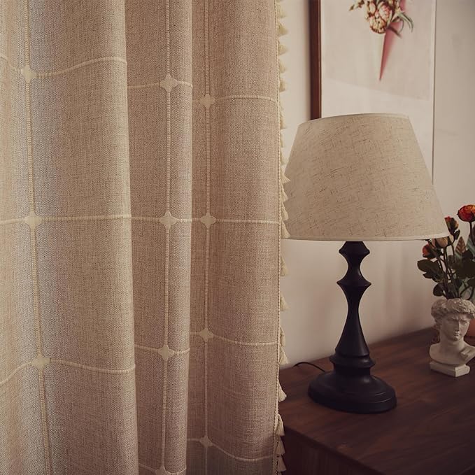 Deeprove Boho Curtains 63 Inches Length for Kitchen, Bohemian Lattice Gingham Chic Textured Embroidery Plaids, Vintage Tassels Country Decor Drapery, Rod Pocket, 1 Panel W52 x L63, Natural Linen
