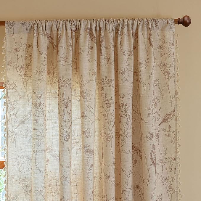 ENJOYBRIDAL Floral Curtains 96 Inches Long Farmhouse Semi Sheer Drapes Bird Patterned Rod Pocket 2 Panel Sets Boho Window Curtains Bedroom Living Room Botanical Aesthetic Decor Tassel Window Treatment