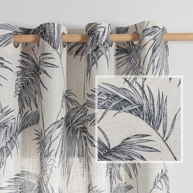 MYSKY HOME Linen Curtains for Living Room Plant Leaf Patterned Semi Sheer Vertical Drapes Decor Hawaiian Style Texture for Dining Room Light Soften Privacy, Grey, W52 x L84, Pack-2