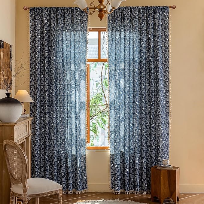 ENJOYBRIDAL White Floral Curtains 96 Inches Long Semi Sheer Navy Blue Drapes Decor Farmhouse Bedroom Tassel Window Curtains 2 Panel Sets Boho Rod Pocket Living Room Aesthetic Window Treatments