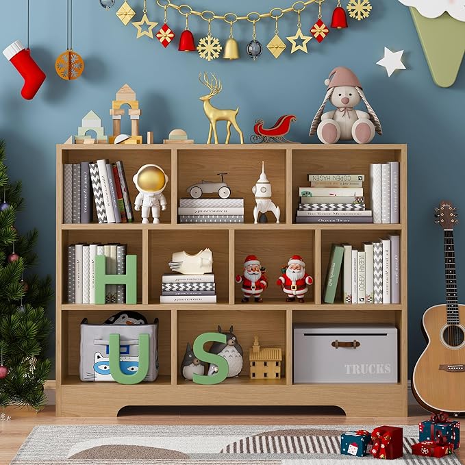 Book Shelf for Kids, 10 Cubes Storage Organizer Montessori Bookshelf, 3-Tier Wooden Kids Bookcase, Toy Storage Organizer for Children, Wooden Toddler Bookshelf Cube Shelf for Kid’s Room, Classroom