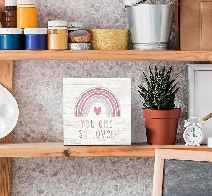 SRADMO You Are So Loved Rainbow Heart Wood Box Sign Desk Decor, Pink Decor Kids Inspirational Quotes Wooden Block Box Sign Decoration for Kids Room Nursery Playroom Shelf Table Decorative Accessories