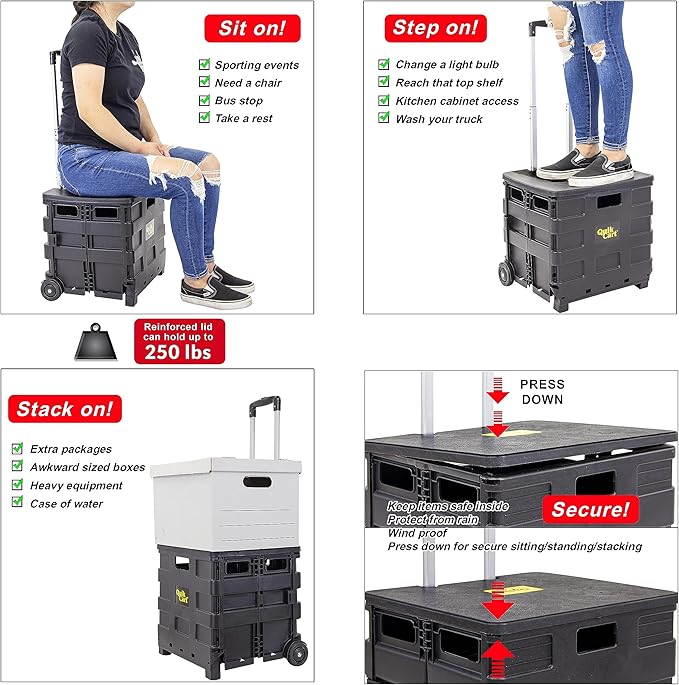 dbest products Quik Cart Sport Collapsible Rolling Crate on Wheels for Teachers Tote Basket 80 lbs Capacity, Made from Heavy Duty Plastic Used as a Seat, Black, Compact