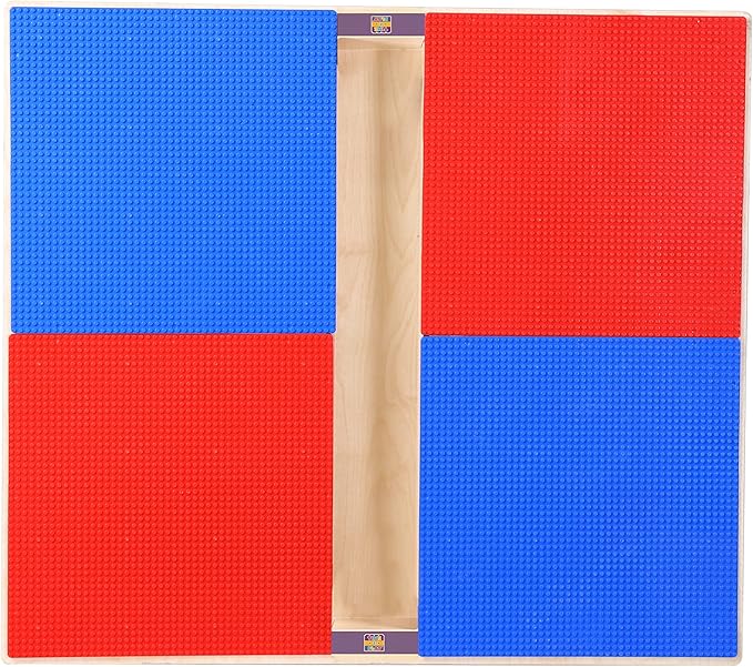 Contender Time-2-Play 35" W Square Red and Blue Compatible with Duplo Blocks Play Table with 18" Long Legs, Natural Finish Birch Children Activity Play Table, Solid Wood Desk for Playroom