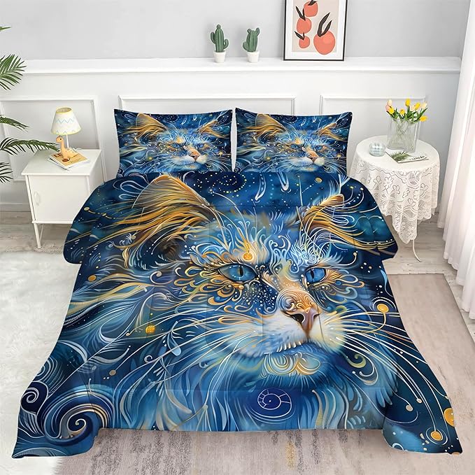 Cat Comforter Set Twin: Blue Exotic Cat Bedding Set for Kids Teens Girls Boys Room Decor Boho Mandala Ethnic Kitten Quilt Bed Sets 1 Comforter & 1 Pillowcase