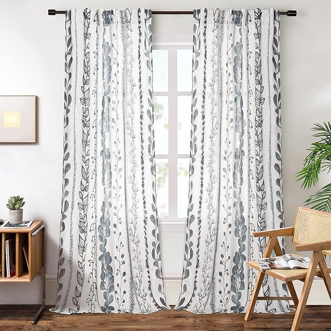MEETSKY Boho Curtains for Living Room Light Filtering Privacy Protection Cotton Curtains 84 Inch Length 2 Panels Bohemian Linen Style Back Tab Window Leaf Print Classical Drapes for Dining Room