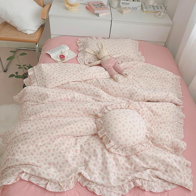BuLuTu Pink Floral Duvet Cover Full Bedding Duvet Covers for Girls Kids Teens Soft Breathable Cotton Comforter Cover 79"x90" Shabby Chic Ruffles Quilt Cover, No Duvet/Comforter