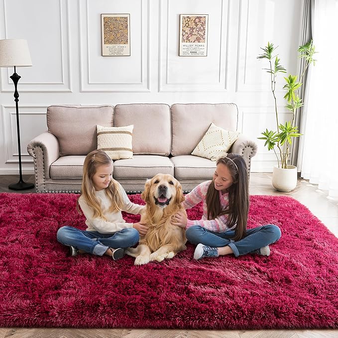 8x10 Rug - Non-Slip Area Rug Washable for Living Room - Height Pile Fluffy Throw Rugs Carpet for Bedroom - Burgundy