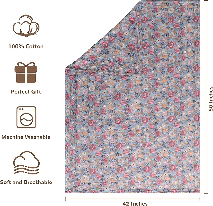 NTBAY 4 Layer Muslin Cotton Toddler Blanket, 42x60 Soft and Breathable Receiving for Newborns and Infants, Perfect for Crib, Stroller, Travel, Lightweight Nursery Blanket, Boho Flower