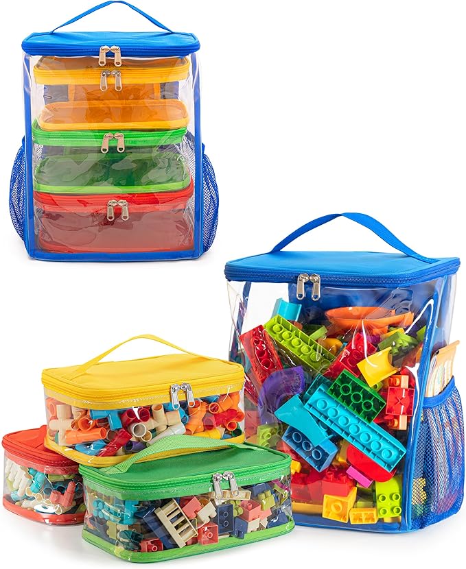 4 Pack Toy Storage Bags with Clear Windows, Toy Organizer Bags for Blocks, Magnetic Building Tiles, Dolls, 4 Piece Set (Blue + Orange + Green + Yellow)