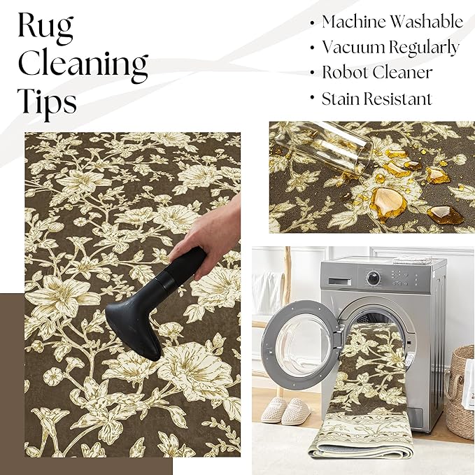Brown Floral Runner Rug 2x6 for Hallways, Non-Slip Washable Kitchen Runner, Vintage Boho Farmhouse Print Printed Rug Floor Carpet for Bathroom Laundry Bedroom Entryway