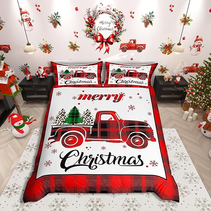Xmas Truck Duvet Cover Set Full Size, Christmas Tree Snowflake Print Bedding Set 3pcs for Kids Boys Girls Bedroom Decor, New Year Theme Red Plaid Print Comforter Cover with 2 Pillowcases,No Comforter