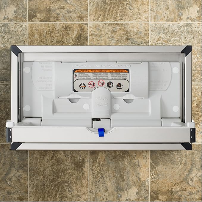 Foundations Horizontal Baby Diaper Changing Station Wall Mounted, Stainless Steel Shell with Polyethylene Changing Table, Adjustable Safety Belt (100SSC-SM)