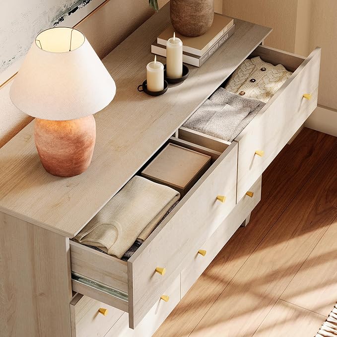 WAMPAT Dresser with 6 Drawers for Bedroom, Wooden Kids Dressers with Wide Chest of Drawers, Modern Closet Storage Organizer with Solid Wood Legs for Living Room, Hallway, Nursery, Light Oak
