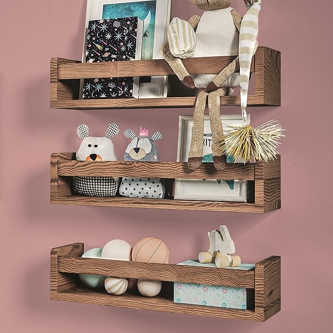 NATURE SUPPLIES Set of 3, 16.4". Nursery Book Shelves, Solid Wood for Books, Toys, Decor, Wall Bookshelf for Kids Bedroom, Floating Shelf, Stylish and Functional Storage Solution, Brown