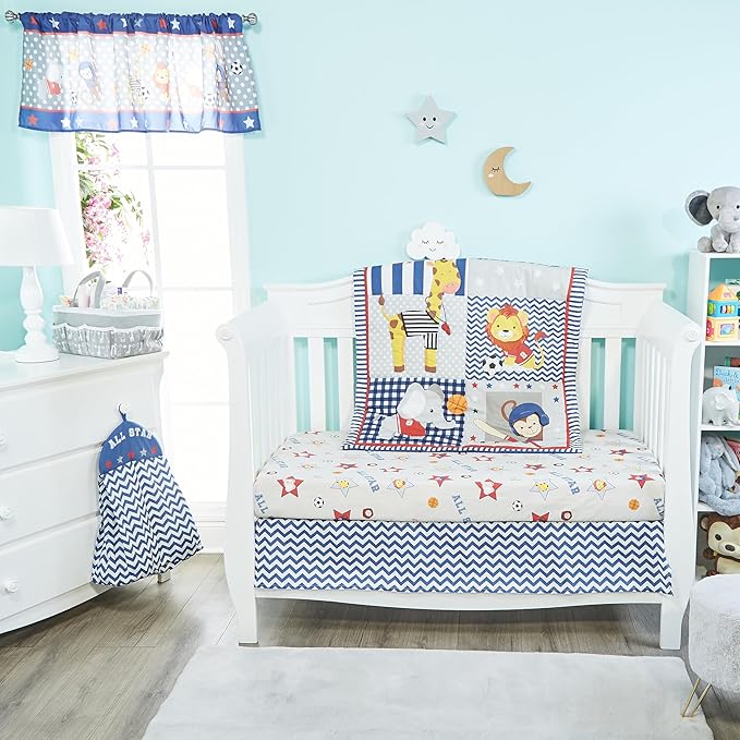 EVERYDAY KIDS 4 Piece Boys Crib Bedding Set - Jungle Sports - Soft 100% Cotton Percale - Includes Quilt, Fitted Sheet, Dust Ruffle and Diaper Stacker - Nursery Bedding Set - Baby Crib Bedding Set