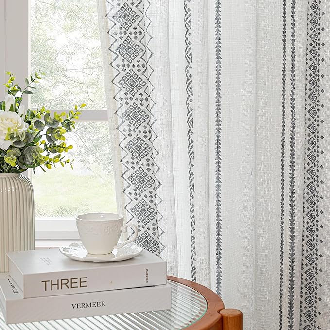 MEETSKY Boho Curtains 84 Inches Long for Living Room Bohemian Geometric Printed Linen Style Curtains Light Filtering Rod Pocket Window Back Tab Cotton Drape for Dining Room 2 Panels