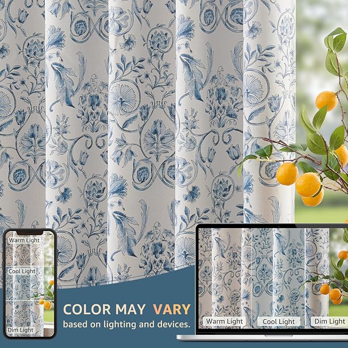 jinchan Floral Blackout Curtains for Bedroom Living Room 96 Inches Length Farmhouse Curtains Room Darkening Vintage Drapes Traditional Rod Pocket Window Treatment 2 Panels Set Blue on Beige