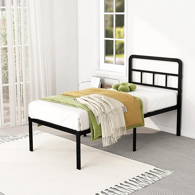 Twin Bed Frames with Headboard 18 Inch, Metal Platform No Box Spring Needed Heavy Duty Steel Slat Mattress Foundation/Easy Assembly/Noise Free/Black