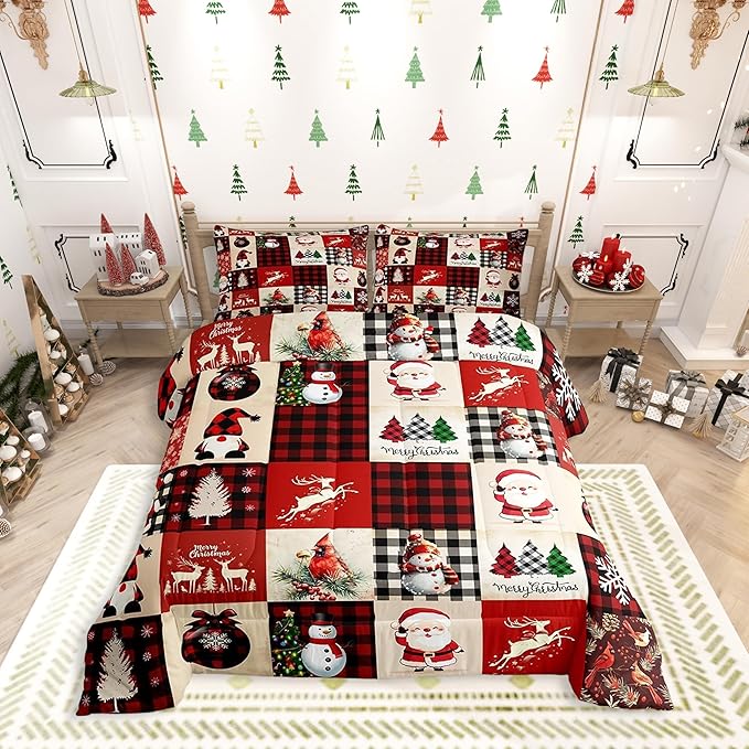 Christmas Comforter Set King Size,Red Plaid Holiday Design Bedding Set 3pcs,Snowman Santa Claus New Year Patchwork Down Comforter for All Season, Kids Boys Girls Room Decor,2 Pillowcases,No Sheets
